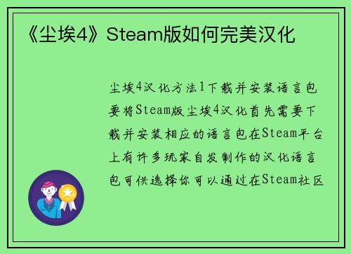 《尘埃4》Steam版如何完美汉化
