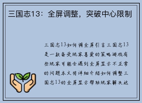 三国志13：全屏调整，突破中心限制