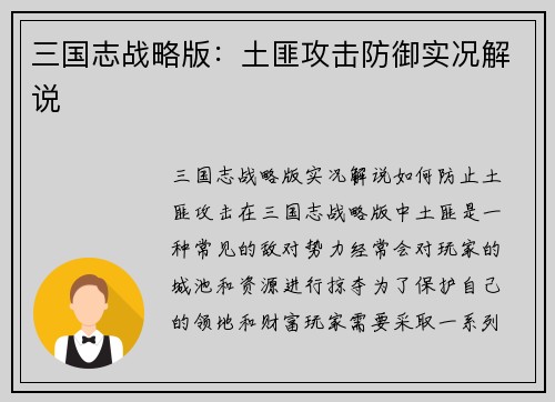 三国志战略版：土匪攻击防御实况解说
