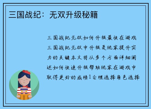 三国战纪：无双升级秘籍